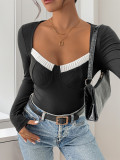 Autumn Chic long-sleeved square neck contrast knitting bodysuit