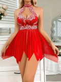 sexy lingerie sexy red halter embroidered see through mesh nightdress