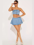 Women elastic chest button Top and Denim split Skirt 2-piece set
