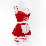 Christmas Women Sexy Plunging Lace-Up Maid Uniform Temptation Apron Four-piece Set