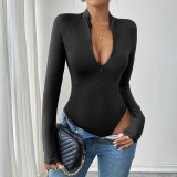 Slim zipper solid color women's long-sleeved Tight Fitting bodysuit