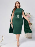 Plus Size African Women Fall/Winter Solid Bodycon Cape Dress
