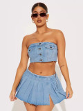 Women elastic chest button Top and Denim split Skirt 2-piece set