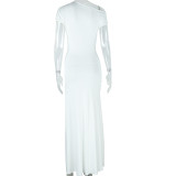 Women Solid Slash Shoulder Short Sleeve Sexy Irregular Slit Dress