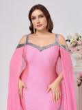 Plus Size Women Suspender Sequin Solid Trailing Evening Dress