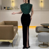 Women sequin patchwork sleeveless slit dress