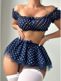 Women Polka Dot Off-shoulder Top and Puffy Skirt Sexy Lingerie Two-piece Set