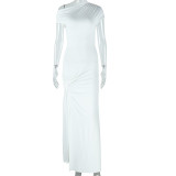 Women Solid Slash Shoulder Short Sleeve Sexy Irregular Slit Dress