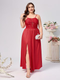 Plus Size Women Suspender Backless Solid Slit Hollow Sexy Dress