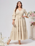 Plus Size Women V-neck Solid Dress