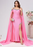 Plus Size Women Suspender Sequin Solid Trailing Evening Dress
