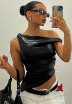 Women Pu-Leather Slash Shoulder Irregular Sleeveless Top
