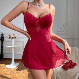 Women Suspender Red Lace See-Through Nightdress Sexy Lingerie