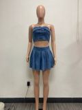 Women elastic chest button Top and Denim split Skirt 2-piece set