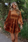 Women's long sleeve ruffle Round Neck short velvet dress