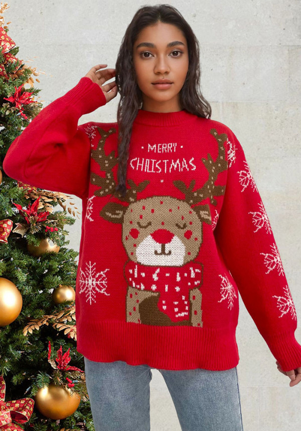 Christmas Plus Size Women round neck elk jacquard sweater
