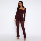 Women Lace Strapless Shawl Top and Pants 2-piece set