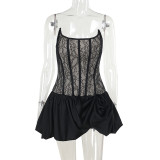 Women Fishbone Slim Waist Lace Strapless Dress