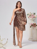 Plus Size Women Sequin Single Sleeve Trailing Dress