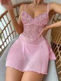 sexy lingerie Pink strap lacemesh night dress