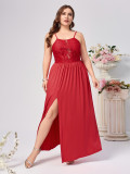 Plus Size Women Suspender Backless Solid Slit Hollow Sexy Dress