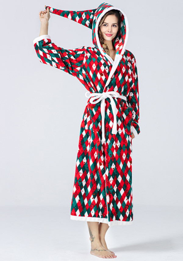 Christmas Women festival plaid bathrobe wizard hat hooded color matching tie flannel robe