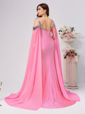 Plus Size Women Suspender Sequin Solid Trailing Evening Dress
