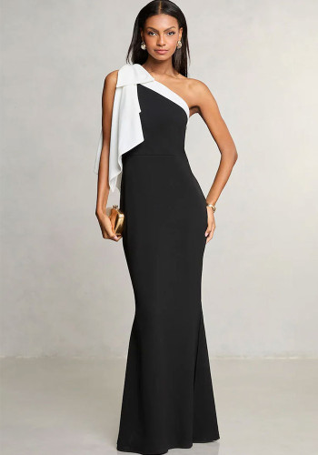 Sexy Contrast Color Slash Shoulder Fashion Evening Dress
