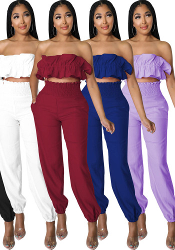 Sexy Fashion Elastic Solid Color Strapless Two-Piece Pants Set