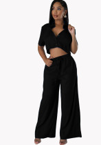 Sexy Fashion Solid Color V-Neck Casual Shirt Wide Leg Pants Two-Piece Set Sexy Fashion Solid Color V-Neck Casual Shirt Wide Leg Pants Two-Piece Set
