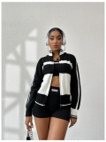 Women autumn and winter sports Casual black and white striped long sleeve sweater