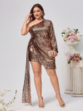 Plus Size Women Sequin Single Sleeve Trailing Dress