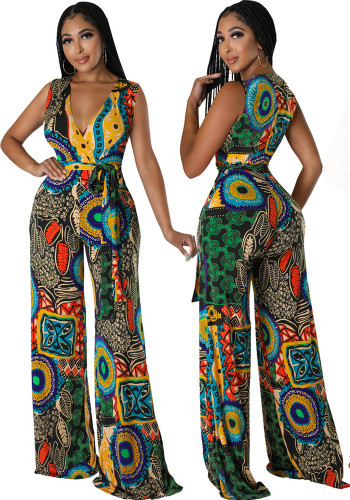 Sexy Fashion Printing V-Neck Wide Leg Women's Jumpsuit