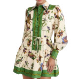 Women lace-up print Turndown Collar long sleeve pleated dress