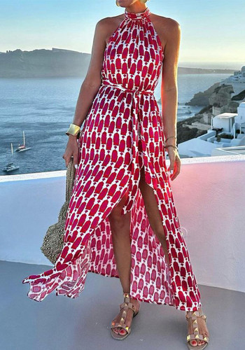 Women's Spring Summer Fashion Sexy Printing Halter Neck Beach Holidays Long Dress