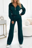 Women Fall/Winter Hooded Zipper Top and Pant Solid Two-Piece Set