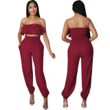 Sexy Fashion Elastic Solid Color Strapless Two-Piece Pants Set
