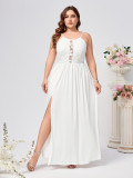 Plus Size Women Suspender Backless Solid Slit Hollow Sexy Dress