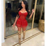 Women Mesh See-Through Patchwork vest shorts 2-piece set