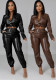 Women autumn and winter pocket pu leather top and trousers two piece set