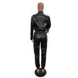 Women autumn and winter pocket pu leather top and trousers two piece set