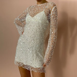Women Sequin Beaded See-Through Mesh Strap Dress Two Piece Set