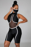 Women Mesh See-Through Sexy Patchwork Striped Jumpsuit