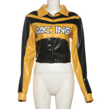 Women winter embroidery contrasting color Turndown Collar long-sleeved zipper jacket