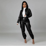 Women autumn and winter pocket pu leather top and trousers two piece set