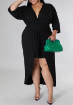 Women Sexy Mid-Long Sleeve V-Neck Lace Solid Irregular Bodycon Dress