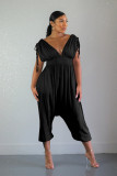 Women Casual Drawstring V Neck Wide Leg Jumpsuit