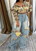 Women autumn flowers jacket and denim cargo pant two piece set Women autumn flowers jacket and denim cargo pant two piece set