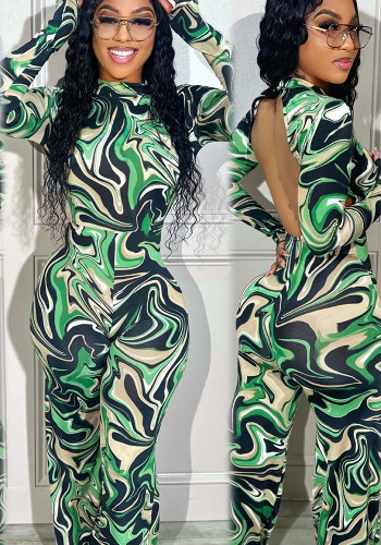 Women sexy backless print long sleeve jumpsuit