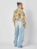 Women autumn flowers jacket and denim cargo pant two piece set